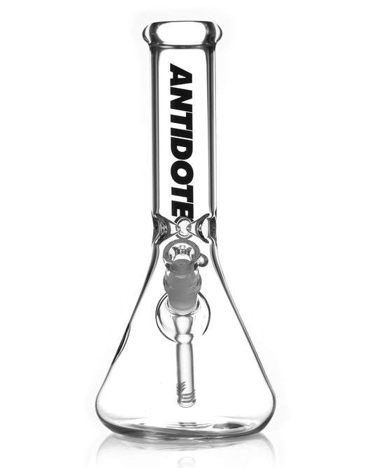 Clear beaker bong featuring the Antidote logo on the neck