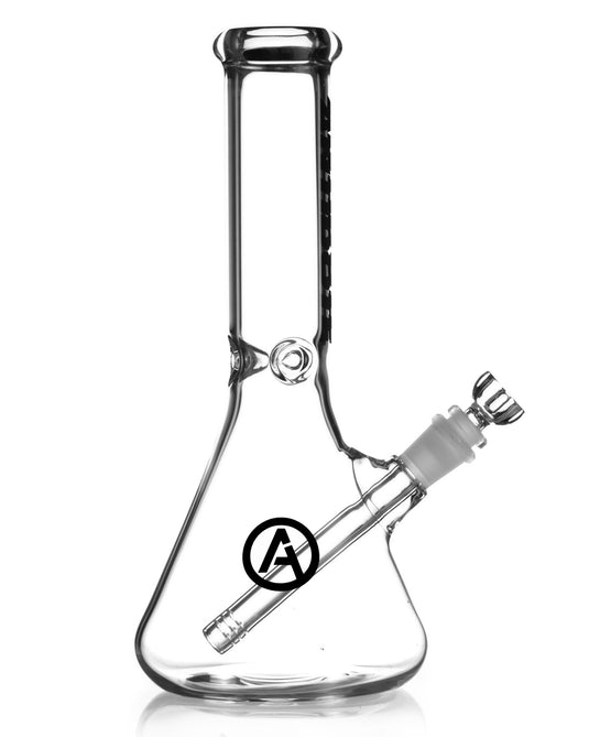 Classic beaker bong design by Antidote Glass, featuring black logo on the neck
