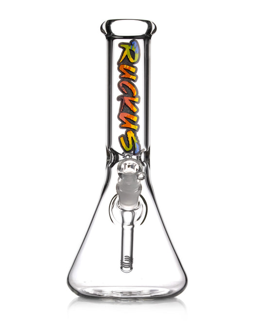 Satisfy Your Smoking Needs with Ruckus Glass's 12" Tie Dye Beaker Water Pipe - Wide 50mm Tube and 14mm Bow