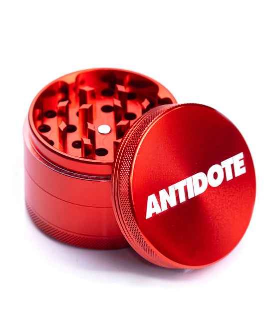 Red 4 Piece Herb Grinder by Antidote Glass is the perfect tool for chopping and grinding your weed / cannabis