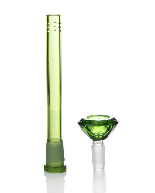 Matching 6-Slit Diffused Downstem and Diamond Shaped Bowl Piece. Both in green color.