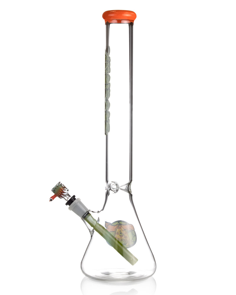 Load image into Gallery viewer, 18 inch beaker bong with orange mouth top, green downstem, and heady bowl piece
