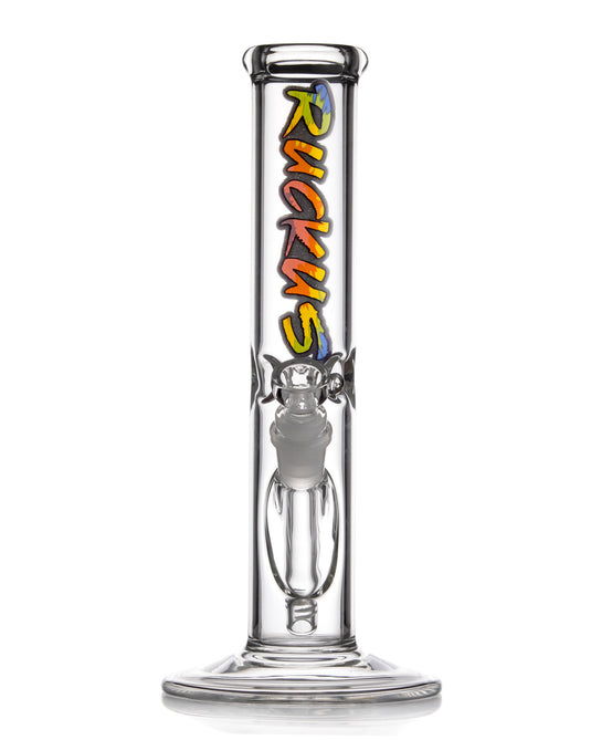 A classic 12-inch straight tube bong from Ruckus Glass, featuring a unique tie-dye design and essential features including an ice pinch, diffused downstem, and ice catcher.