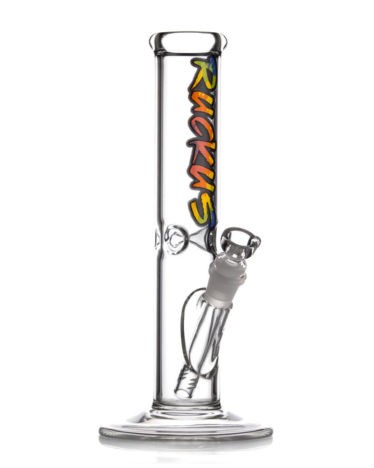 A 12-inch Ruckus Glass straight tube bong featuring a classic design with a tie-dye Ruckus logo decal, ice pinch, diffused downstem and ice catcher for an enhanced smoking experience.