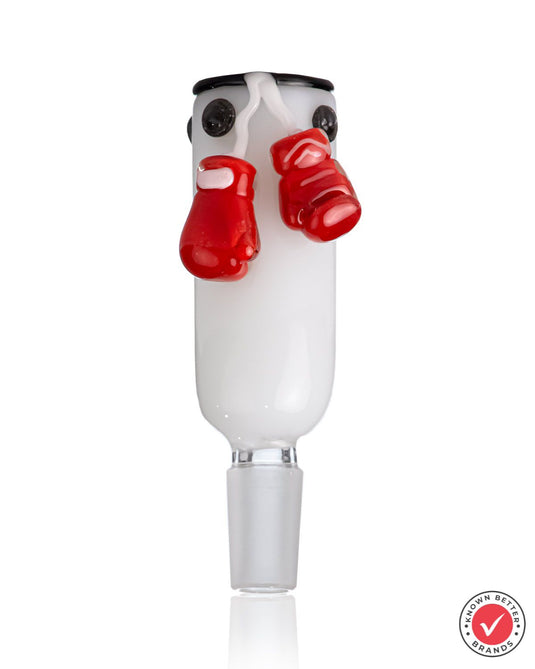 White TYSON 2.0 Heavy Punching Bag Bowl Piece with 2 Red Boxing Gloves Hanging on The Back